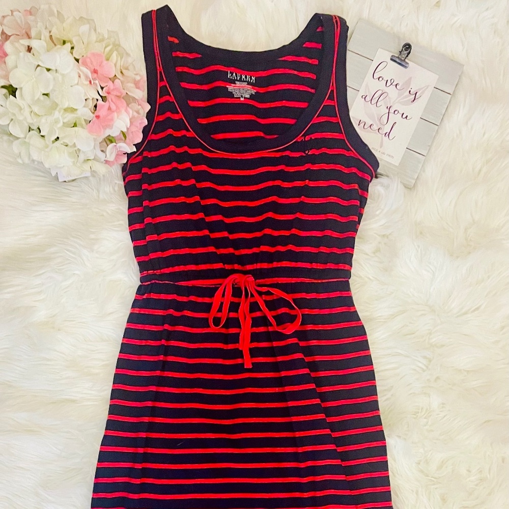 Lauren Ralph Lauren Striped Cotton Dress with Drawstring Belt; Size Medium